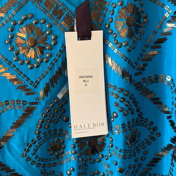 NWT Hale Bob Teal Blue Beaded V-Neck Silk Blend Mini Dress Size Small - Picture 5 of 7